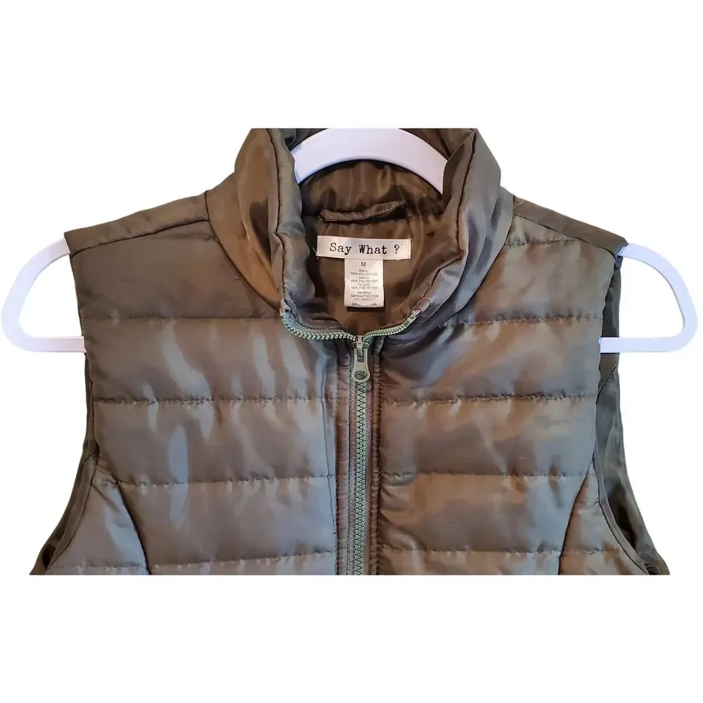 Say What ? Women's Size S / M Quilted Vest Olive Green Full Zip Pockets Bust 34